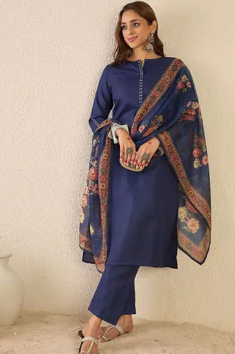 Notch Neck Straight Kurta With Trousers & Dupatta