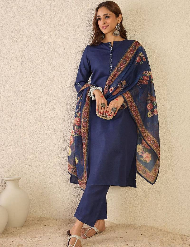 Notch Neck Straight Kurta With Trousers & Dupatta