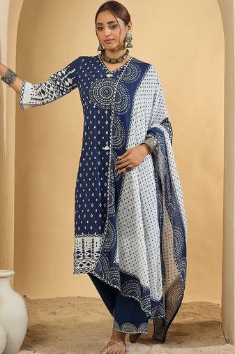 geometric printed v-neck  cotton straight kurta with trousers & dupatta