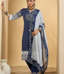 geometric printed v-neck  cotton straight kurta with trousers & dupatta