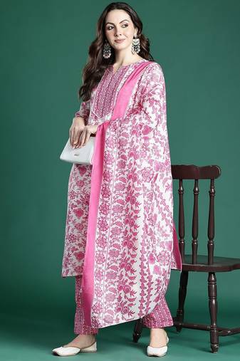 Floral Printed Kurta with Trousers & Dupatta