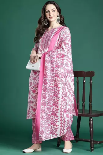 Floral Printed Kurta with Trousers & Dupatta