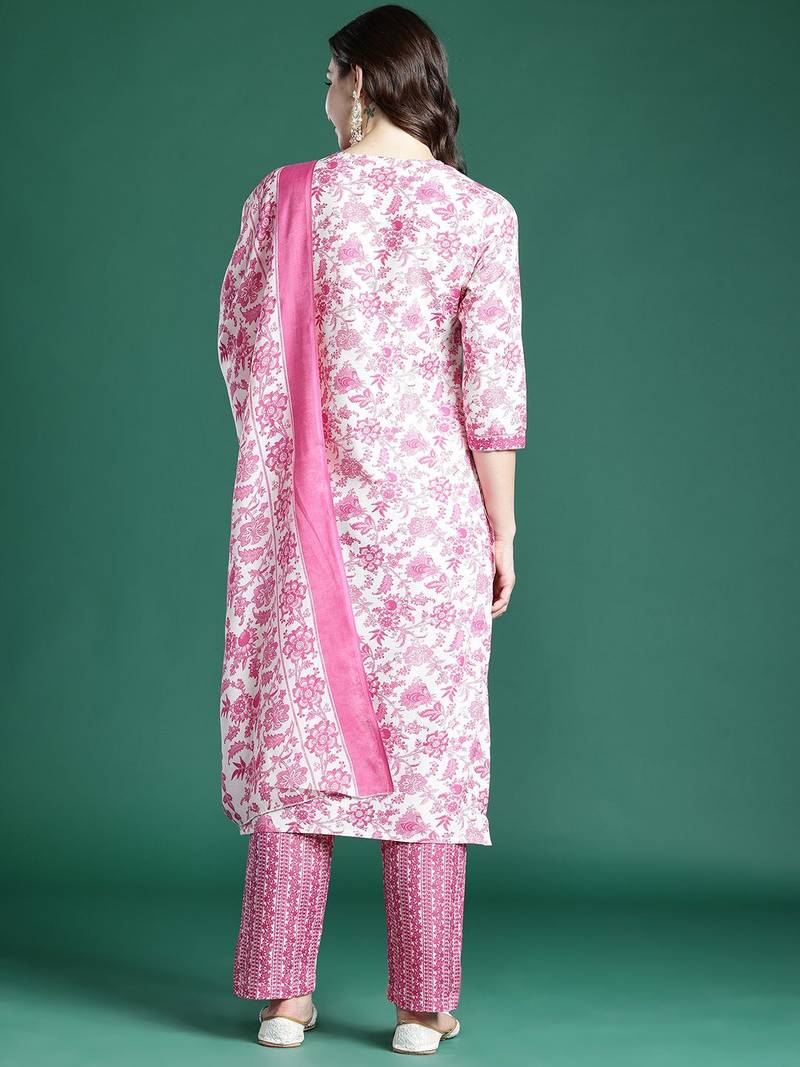 Floral Printed Kurta with Trousers & Dupatta