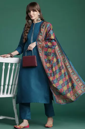 Embroidered Pure Cotton Kurta with Trousers & Dupatta