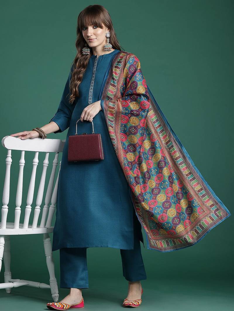 Embroidered Pure Cotton Kurta with Trousers & Dupatta