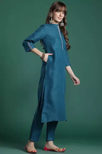 Embroidered Pure Cotton Kurta with Trousers & Dupatta