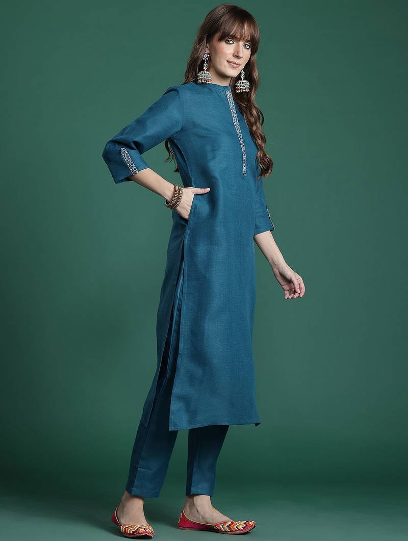 Embroidered Pure Cotton Kurta with Trousers & Dupatta