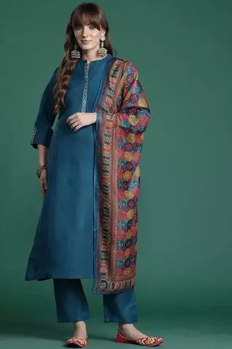 Embroidered Pure Cotton Kurta with Trousers & Dupatta