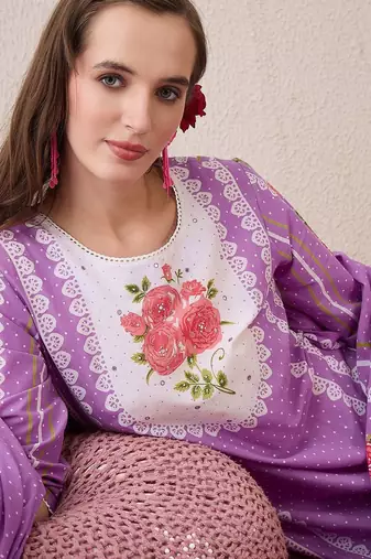 Floral Printed Sequinned Pure Cotton Straight Kurta With Trouser And Dupatta