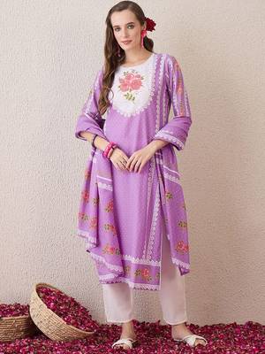 Floral Printed Sequinned Pure Cotton Straight Kurta With Trouser And Dupatta 1