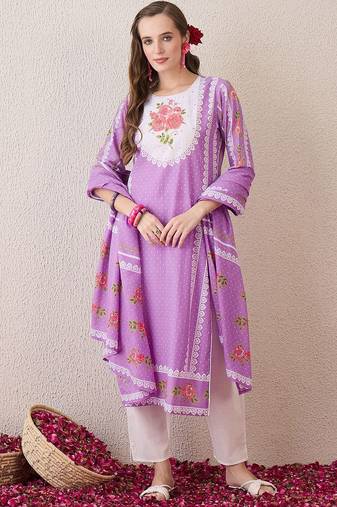 floral printed sequinned  cotton straight kurta with trouser and dupatta