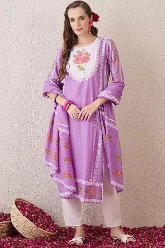 Floral Printed Sequinned Pure Cotton Straight Kurta With Trouser And Dupatta