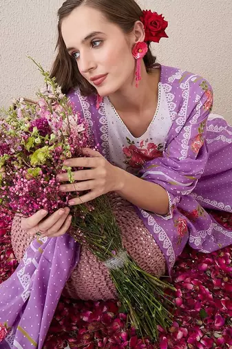 Floral Printed Sequinned Pure Cotton Straight Kurta With Trouser And Dupatta