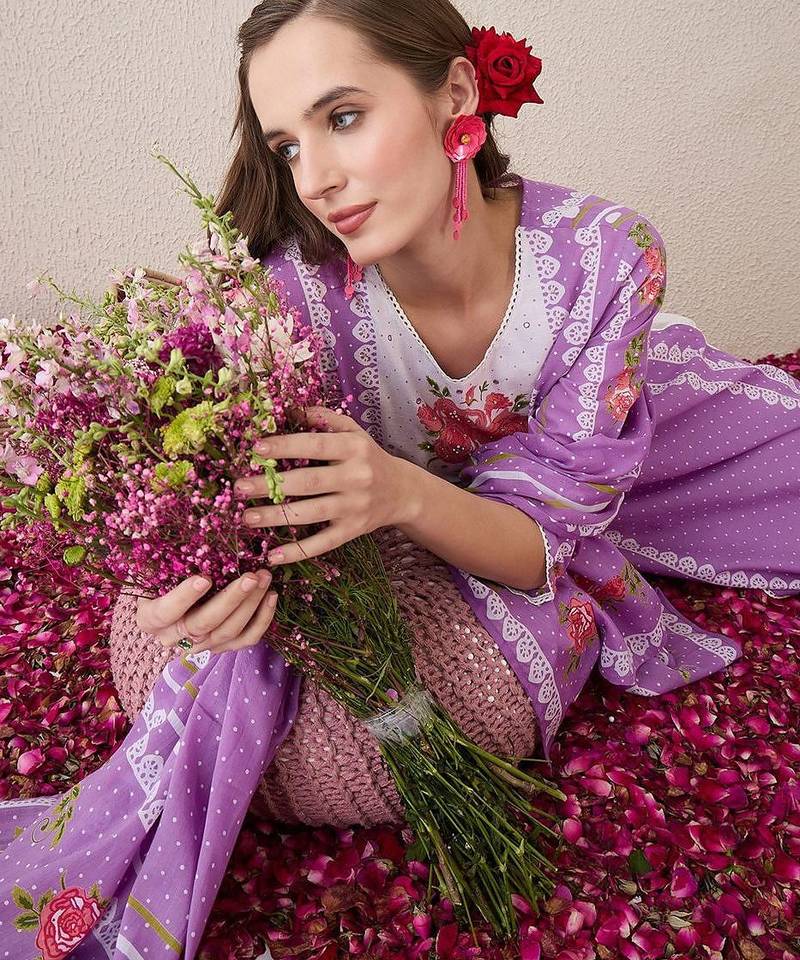 Floral Printed Sequinned Pure Cotton Straight Kurta With Trouser And Dupatta