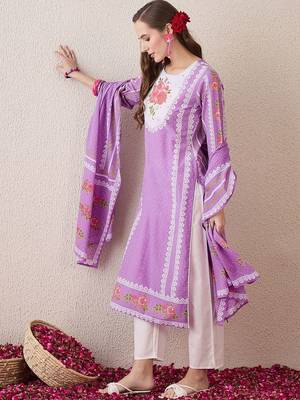 Floral Printed Sequinned Pure Cotton Straight Kurta With Trouser And Dupatta 5