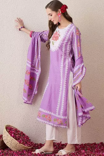 Floral Printed Sequinned Pure Cotton Straight Kurta With Trouser And Dupatta