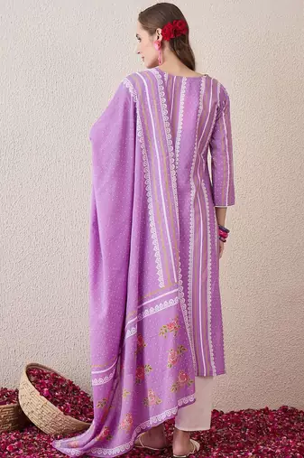 Floral Printed Sequinned Pure Cotton Straight Kurta With Trouser And Dupatta