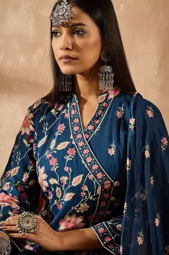 Women Floral Printed Angrakha Beads and Stones Pure Cotton Kurta with Trousers & With Dupatta