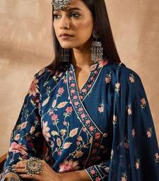 women floral printed angrakha beads and stones  cotton kurta with trousers & with dupatta