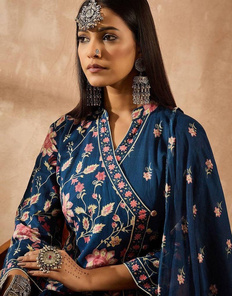 Women Floral Printed Angrakha Beads and Stones Pure Cotton Kurta with Trousers & With Dupatta