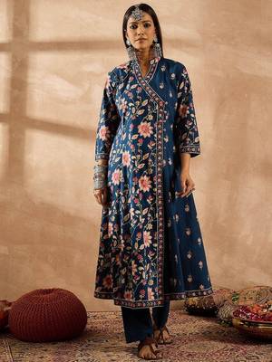 Women Floral Printed Angrakha Beads and Stones Pure Cotton Kurta with Trousers & With Dupatta 3