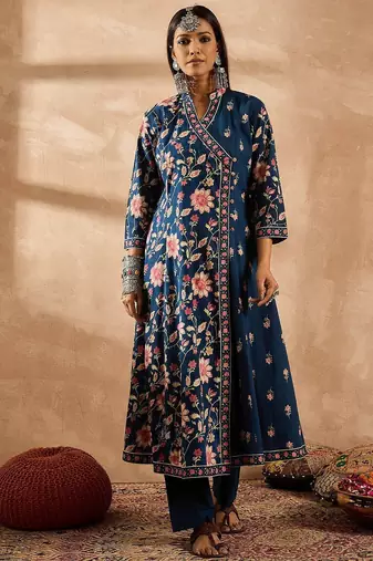Women Floral Printed Angrakha Beads and Stones Pure Cotton Kurta with Trousers & With Dupatta
