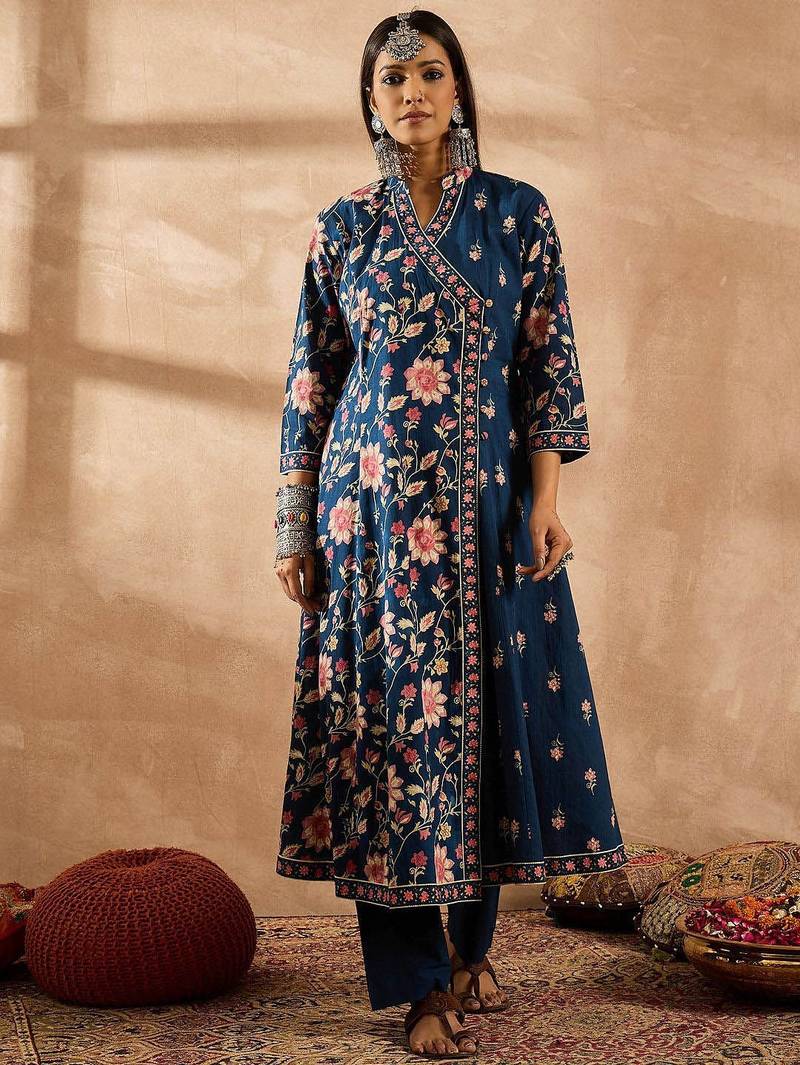 Women Floral Printed Angrakha Beads and Stones Pure Cotton Kurta with Trousers & With Dupatta