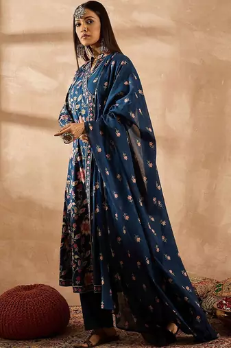 Women Floral Printed Angrakha Beads and Stones Pure Cotton Kurta with Trousers & With Dupatta