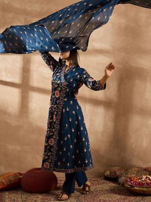 Women Floral Printed Angrakha Beads and Stones Pure Cotton Kurta with Trousers & With Dupatta 4
