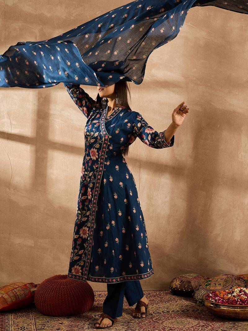 Women Floral Printed Angrakha Beads and Stones Pure Cotton Kurta with Trousers & With Dupatta