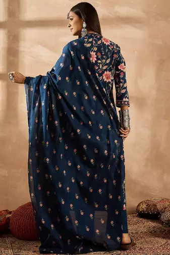 Women Floral Printed Angrakha Beads and Stones Pure Cotton Kurta with Trousers & With Dupatta