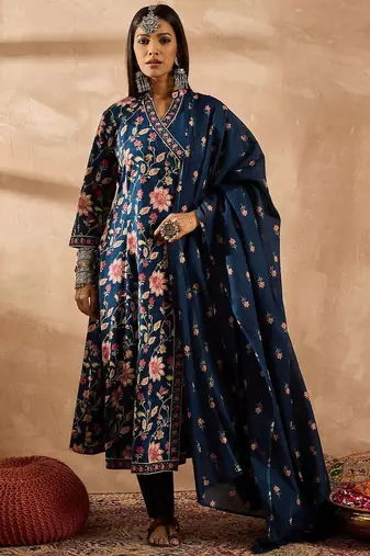 Women Floral Printed Angrakha Beads and Stones Pure Cotton Kurta with Trousers & With Dupatta