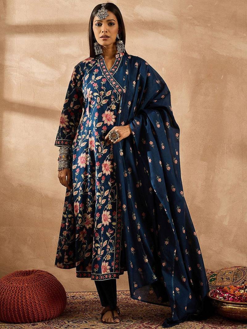 Women Floral Printed Angrakha Beads and Stones Pure Cotton Kurta with Trousers & With Dupatta