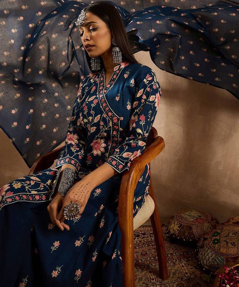 Women Floral Printed Angrakha Beads and Stones Pure Cotton Kurta with Trousers & With Dupatta