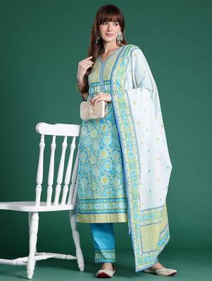 Floral Printed Mirror Work Pure Cotton Kurta with Trousers & Dupatta 1