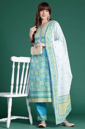 floral printed mirror work  cotton kurta with trousers & dupatta