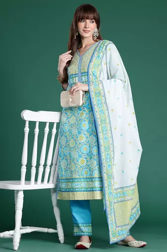 Floral Printed Mirror Work Pure Cotton Kurta with Trousers & Dupatta