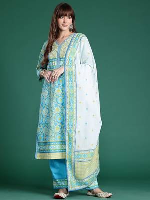 Floral Printed Mirror Work Pure Cotton Kurta with Trousers & Dupatta 5