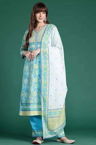 Floral Printed Mirror Work Pure Cotton Kurta with Trousers & Dupatta