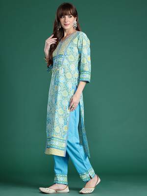 Floral Printed Mirror Work Pure Cotton Kurta with Trousers & Dupatta 6