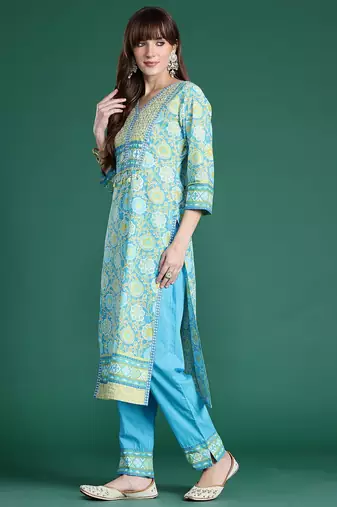 Floral Printed Mirror Work Pure Cotton Kurta with Trousers & Dupatta