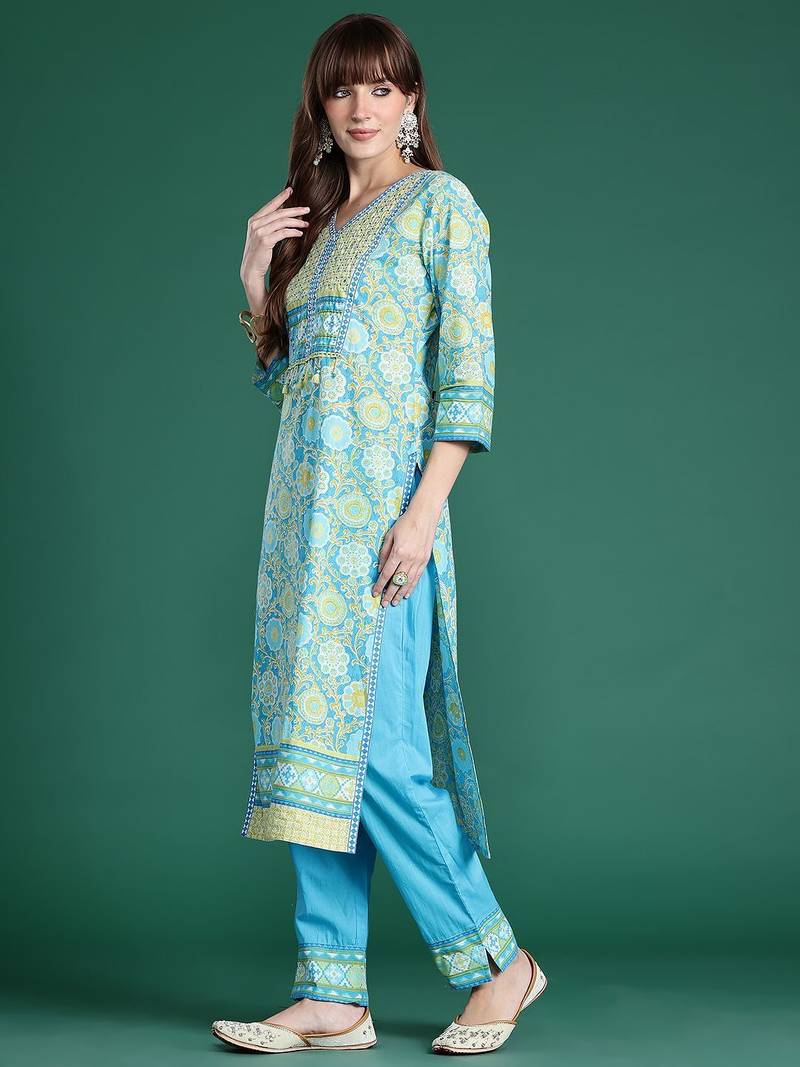 Floral Printed Mirror Work Pure Cotton Kurta with Trousers & Dupatta
