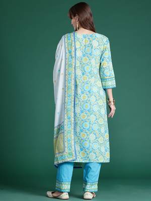 Floral Printed Mirror Work Pure Cotton Kurta with Trousers & Dupatta 7