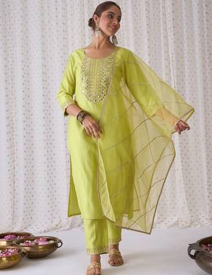 Floral Yoke Design Sequnnied Straight Kurta With Trousers & Dupatta 1
