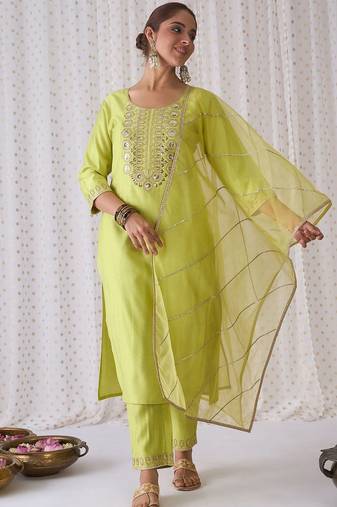 Floral Yoke Design Sequnnied Straight Kurta With Trousers & Dupatta