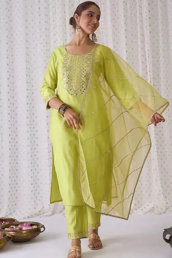 Floral Yoke Design Sequnnied Straight Kurta With Trousers & Dupatta