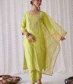 Floral Yoke Design Sequnnied Straight Kurta With Trousers & Dupatta