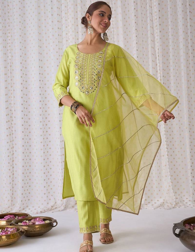 Floral Yoke Design Sequnnied Straight Kurta With Trousers & Dupatta