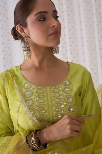 Floral Yoke Design Sequnnied Straight Kurta With Trousers & Dupatta