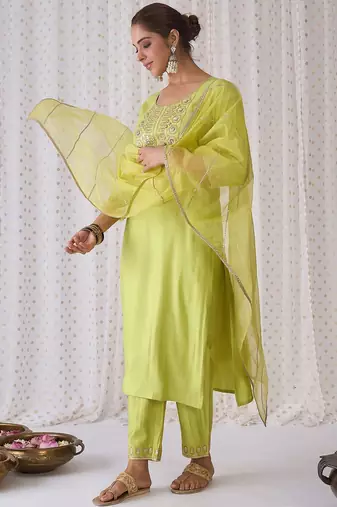 Floral Yoke Design Sequnnied Straight Kurta With Trousers & Dupatta